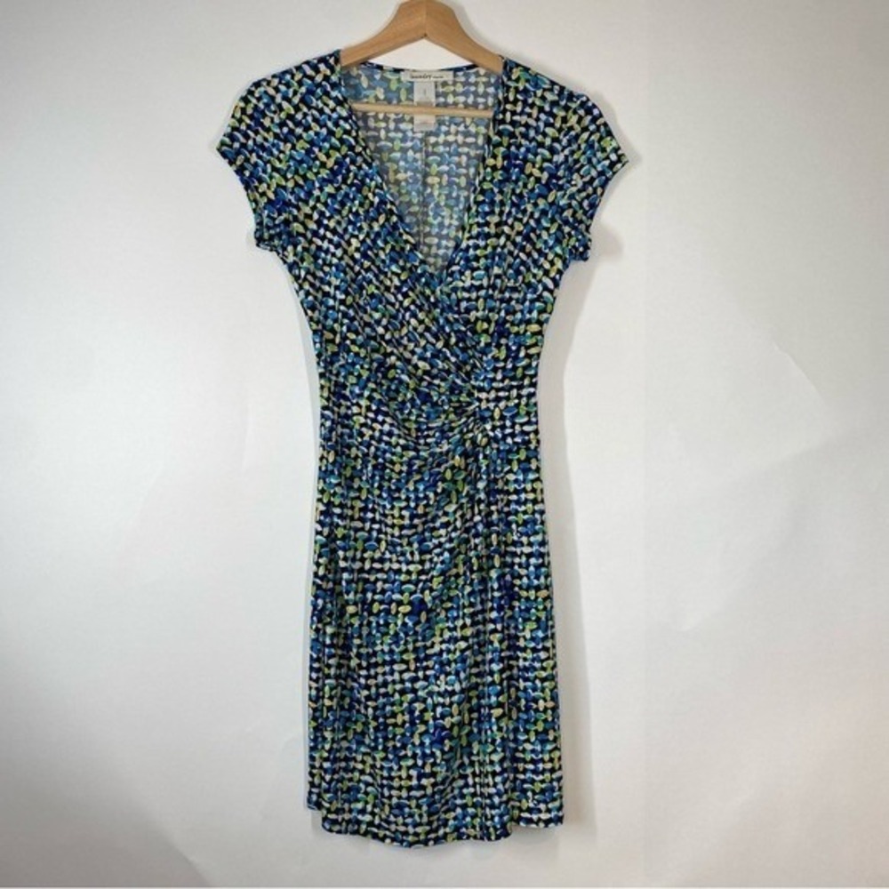 Laundry By Design Abstract V-Neck Ruched Waist Short Sleeve Dress Sz 2 Whimsical